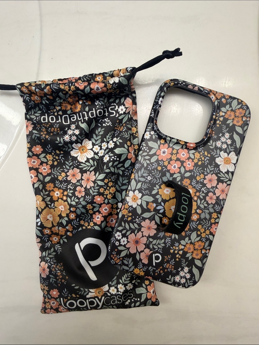 Loopy Case Black Floral Phone Case with Peach & White Flowers